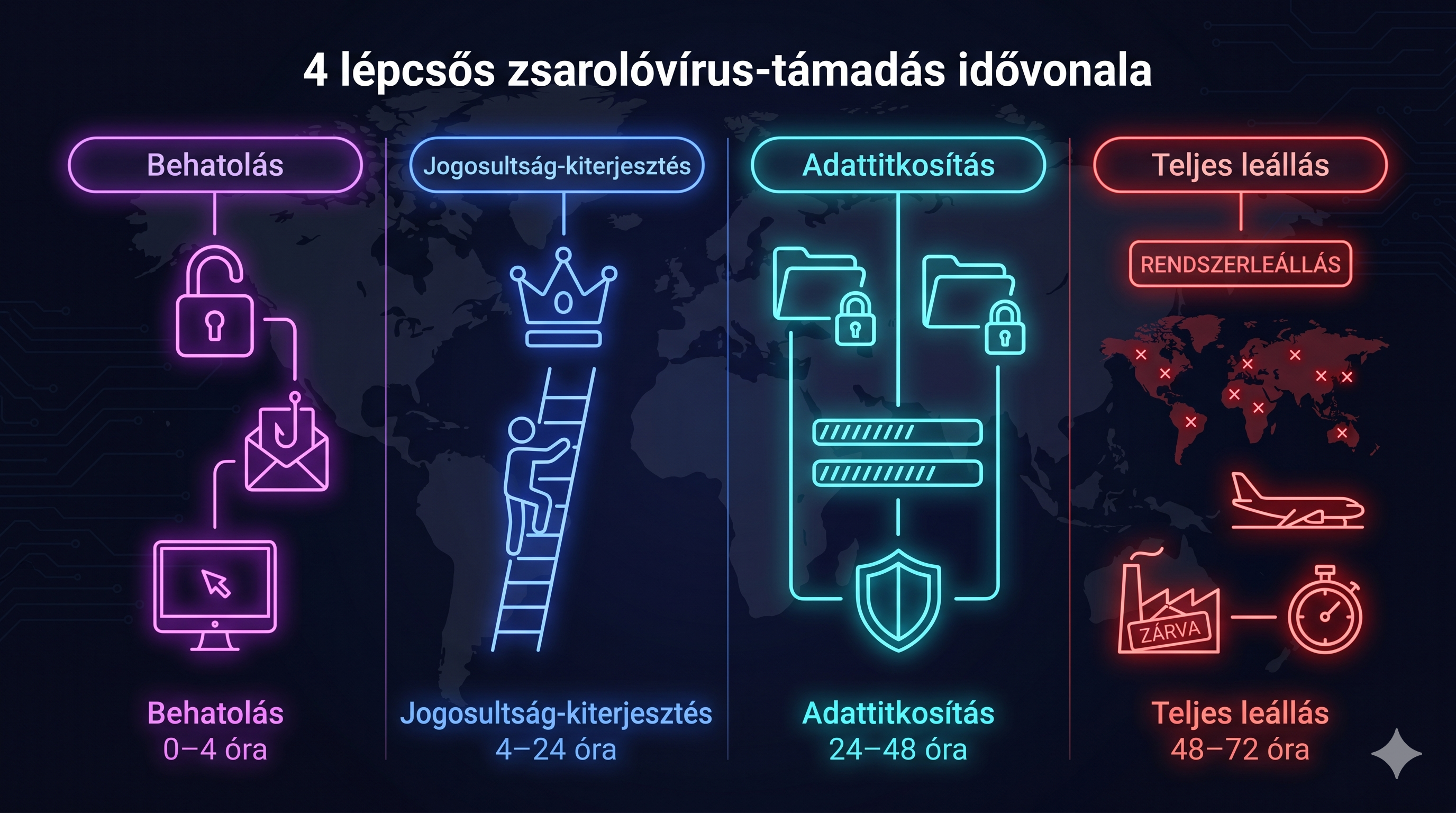 4 lépcsős zsarolóvírus-támadás idővonala: behatolás → jogosultság-kiterjesztés → adattitkosítás → teljes leállás